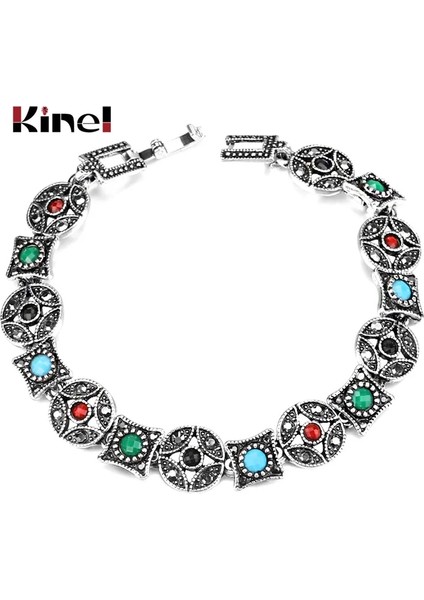Çoklu Stil Antik Gümüş Kaplama Kinel Sıcak Bohemia Bilezik Bilezik Tibet Gümüş Renkli Reçine Manşet Kadın Bilezik Vintage Takı (Yurt Dışından)