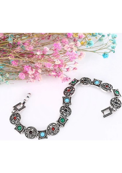 Çoklu Stil Antik Gümüş Kaplama Kinel Sıcak Bohemia Bilezik Bilezik Tibet Gümüş Renkli Reçine Manşet Kadın Bilezik Vintage Takı (Yurt Dışından) fırsatları