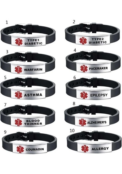 No.6 Boyutu Şık Kırmızı Tıbbi Uyarı Kimliği Bilezik Acil Ilk Yardım Ayarlanabilir Tip 1 Silikon Bileklik Bileklik Unisex (Yurt Dışından) fiyatları