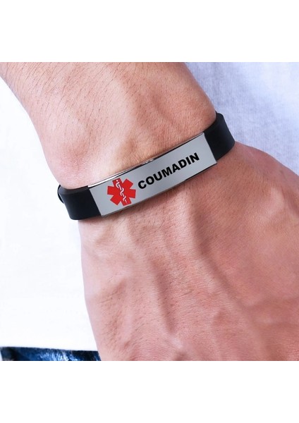 No.6 Boyutu Şık Kırmızı Tıbbi Uyarı Kimliği Bilezik Acil Ilk Yardım Ayarlanabilir Tip 1 Silikon Bileklik Bileklik Unisex (Yurt Dışından) fırsatları