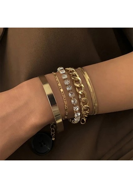 Renk Stili Şampanya Altın Unk Curb Küba Zincir Bilezikler Kadınlar Için Set Miami Boho Kalın Altın Renk Charm Bilezikler Bilezik Moda Takı (Yurt Dışından)