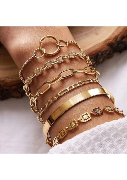 Renk Stili Şampanya Altın Unk Curb Küba Zincir Bilezikler Kadınlar Için Set Miami Boho Kalın Altın Renk Charm Bilezikler Bilezik Moda Takı (Yurt Dışından)