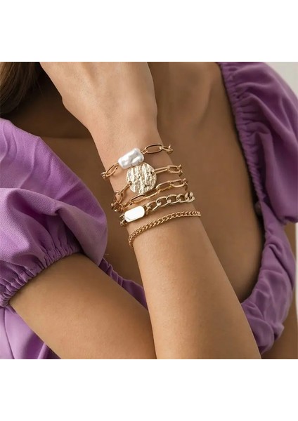 Renk Stili Şampanya Altın Unk Curb Küba Zincir Bilezikler Kadınlar Için Set Miami Boho Kalın Altın Renk Charm Bilezikler Bilezik Moda Takı (Yurt Dışından)