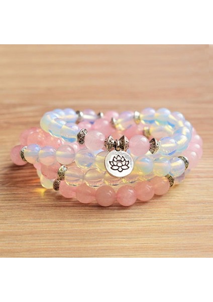Yoga Ritüel Taşlar Doğal Taş Mala Opalite Rosequartz Bileklik Bayan Wrap Om Bilezik Lotus Mala (Yurt Dışından)