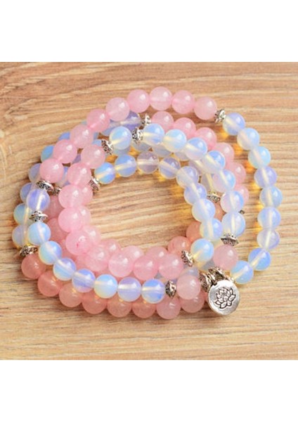 Yoga Ritüel Taşlar Doğal Taş Mala Opalite Rosequartz Bileklik Bayan Wrap Om Bilezik Lotus Mala (Yurt Dışından)