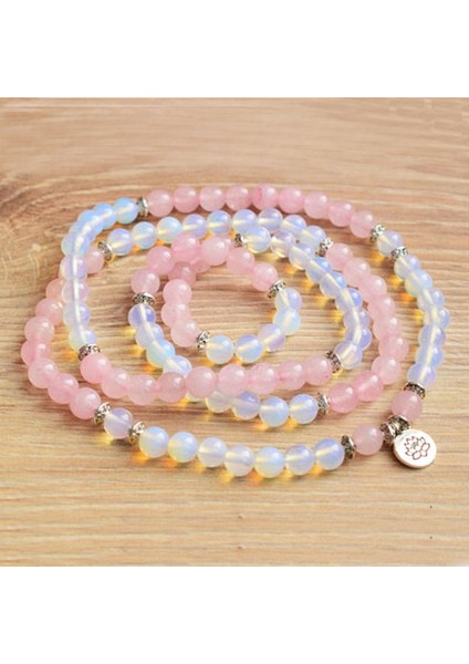 Yoga Ritüel Taşlar Doğal Taş Mala Opalite Rosequartz Bileklik Bayan Wrap Om Bilezik Lotus Mala (Yurt Dışından)