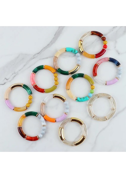 Renk 8 Fishsheep Yeni Renkli Akrilik Bambu Bilezikler Kadınlar Için Streç Reçine Boncuk Dirsek Manşet Charm Bilezikler ve Bilezikler Y2K Takı (Yurt Dışından)