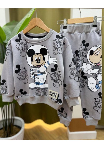 Astronot Mickey Mouse Baskılı Gri Erkek Çocuk Eşofman Takımı