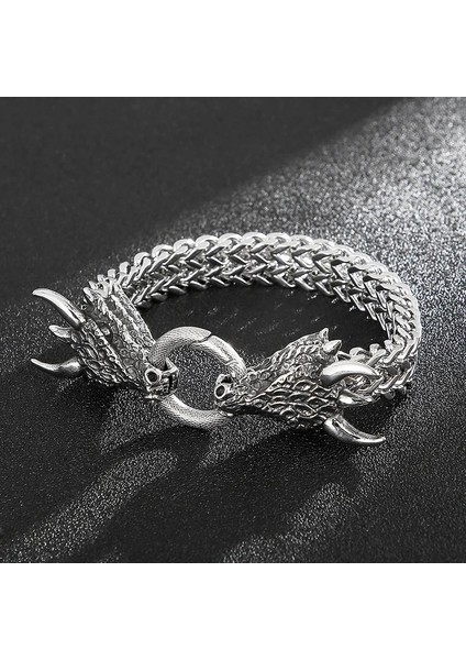 22CM Tarzı Al3-Gümüş Paslanmaz Çelik Erkek Bilezik Viking Retro Otoriter Iki Başlı Hayvan Dokuma Titanyum Çelik Bilezik Moda Punk Takı Hediye (Yurt Dışından) modelleri