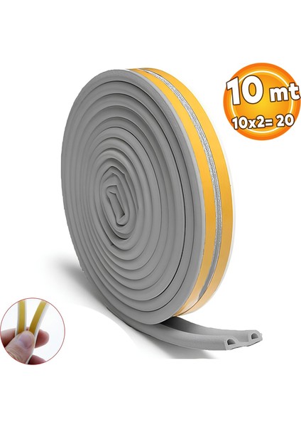 Yapışkanlı 10X2=20 Metre (Gri) Kapı Pencere Bandı Fitili Soğuk İzolasyon Kauçuk Bantları