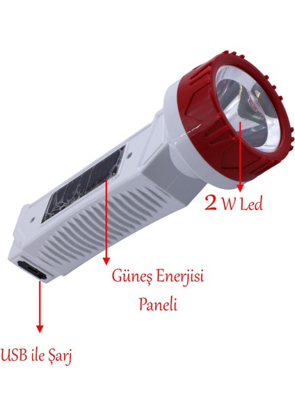 USB Şarjlı - Güneş Enerjili El Feneri Kamp Lambası 2 Ledli Beyaz Işıklı Işıldak Portatif 300 Lümen