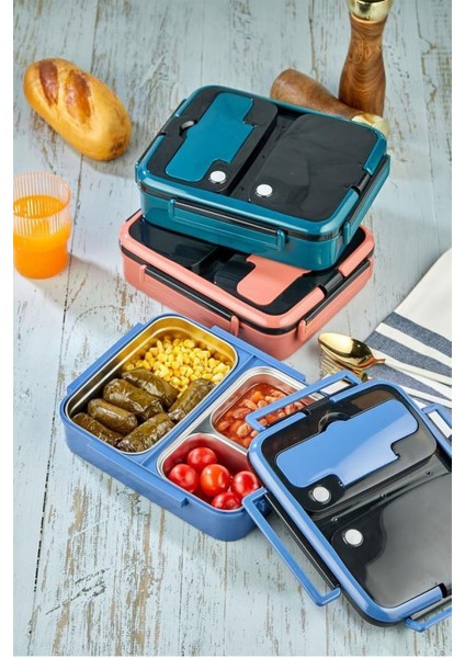 YK1392 Lüx 3 Bölmeli Çelik Hazneli Yemek Kabı Yeşil