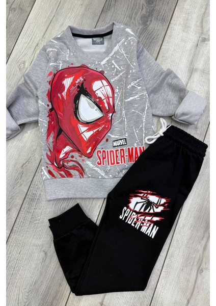 Spiderman 2 Iplik Mevsimlik Erkek Çocuk Gri Eşofman Takımı