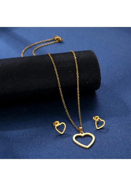Gold Çelik Kalpli Kolye Küpe Kadın Hediyelik Set