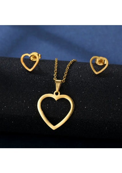 Gold Çelik Kalpli Kolye Küpe Kadın Hediyelik Set modelleri