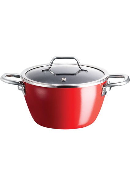 Titanyum Emaye Derin Tencere - Kırmızı - 18 Cm