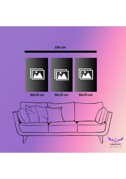 3'lü Kanvas Tablo Seti Modern Pembe Mor ve Turuncu Çiçek