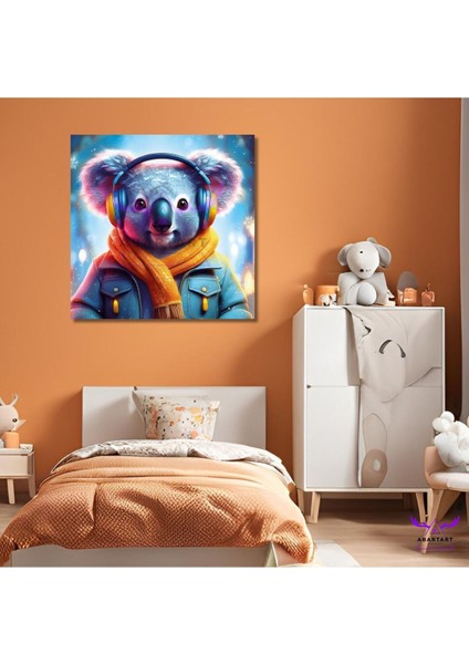 Tekli Kare Kanvas Çocuk Odası Müzik Dinleyen Koala Tasarımı