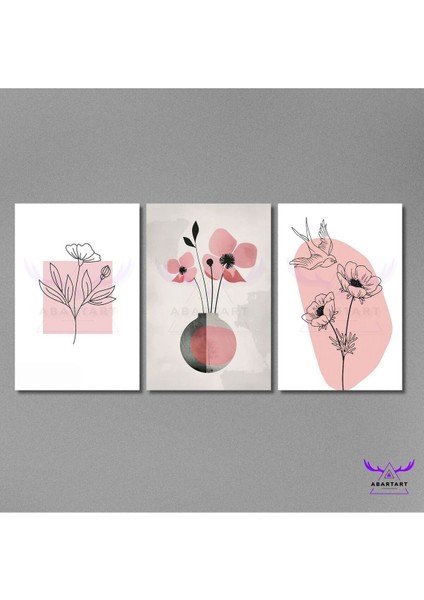 3'lü Kanvas Tablo Seti Şık Pembe Çiçekler