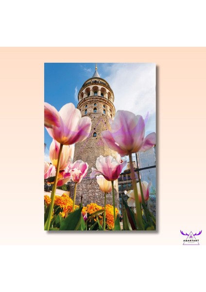 Tekli Dikey Kanvas Şık Salon Tablosu Çiçekler Içinde Galata Kulesi Tasarımı fiyatları
