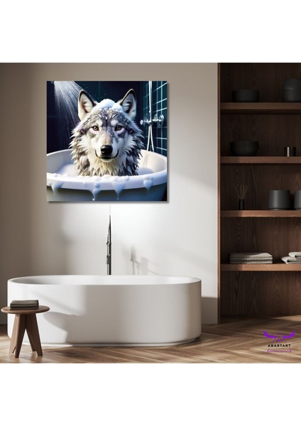 Tekli Kare Kanvas Küvette Banyo Yapan Kurt Tasarımı