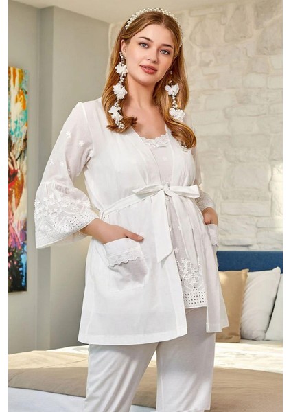 25140 Hamile Lohusa Fistolu Sabahlıklı Pijama Takımı-Krem