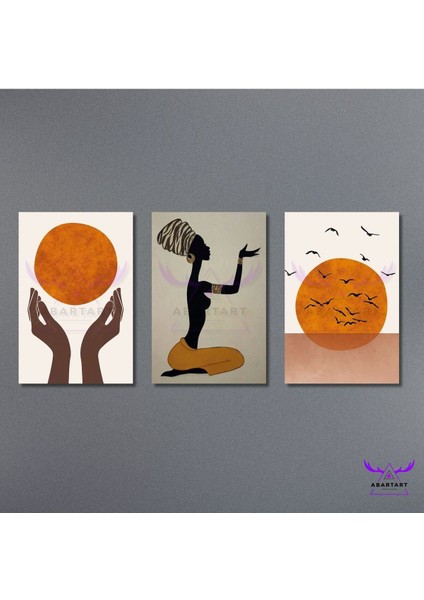 3'lü Kanvas Tablo Seti Yoga ve Meditasyon Yapan Soyut Kadın ve Kuşlar