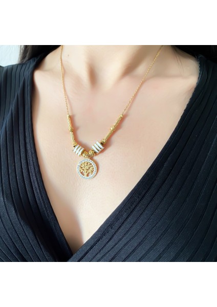 Altın Kaplama Beyaz Boncuklu Hayat Ağacı Kolye 45 cm KLY-450 fiyatları