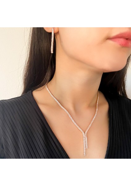 Altın Kaplama Rose Zirkon Taşlı Su Yolu Kadın Set SET-144