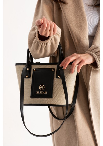 Mini Kova Modern Bej/siyah Keten Çapraz Kadın Çantası