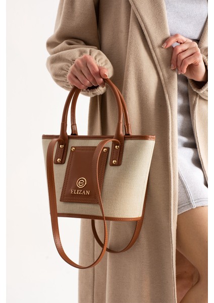 Mini Kova Modern Bej/taba Keten Çapraz Kadın Çantası