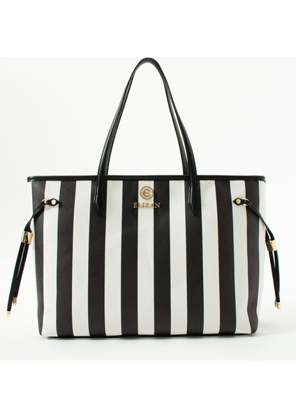 Geniş Iç Hacimli Siyah/beyaz Çizgili Shopping Kadın Omuz Çantası