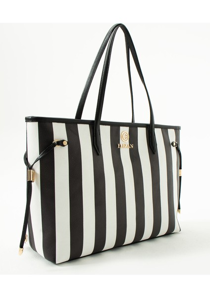 Geniş Iç Hacimli Siyah/beyaz Çizgili Shopping Kadın Omuz Çantası fiyatları