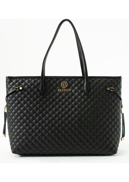 Geniş Iç Hacimli Baklava Desen Siyah Shopping Kadın Omuz Çantası