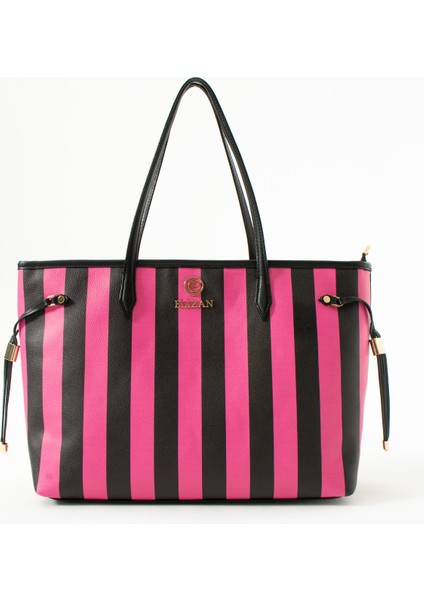 Geniş Iç Hacimli Fuşya/siyah Çizgili Shopping Kadın Omuz Çantası