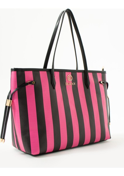 Geniş Iç Hacimli Fuşya/siyah Çizgili Shopping Kadın Omuz Çantası fiyatları