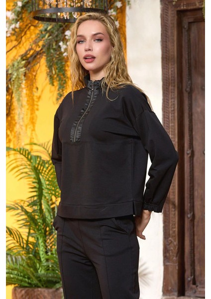 25236 Kadın Dik Yaka Önden Yarım Fermuarlı Eşofman Takımı-Siyah fiyatları