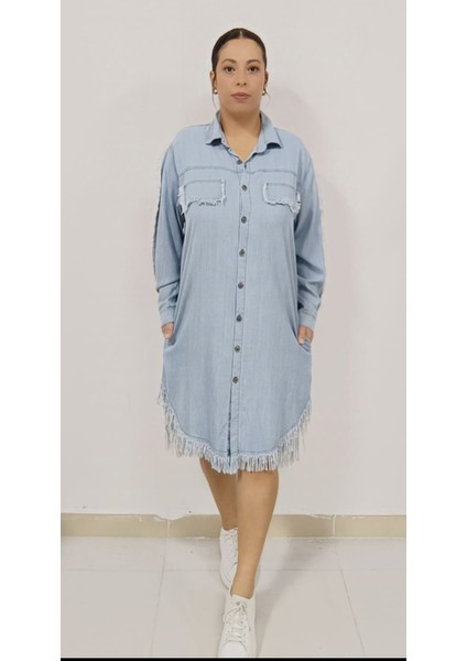 Büyük Beden Ince Tensel Kot Denim Kumaş Gömlek Yaka Boydan Düğmeli Püskül Detaylı Jean Elbise/tunik