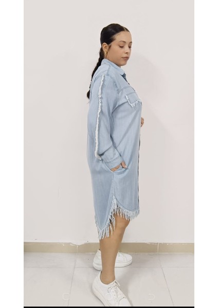 Büyük Beden Ince Tensel Kot Denim Kumaş Gömlek Yaka Boydan Düğmeli Püskül Detaylı Jean Elbise/tunik