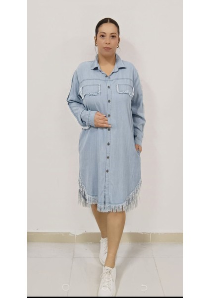 Büyük Beden Ince Tensel Kot Denim Kumaş Gömlek Yaka Boydan Düğmeli Püskül Detaylı Jean Elbise/tunik