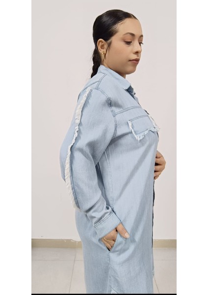 Büyük Beden Ince Tensel Kot Denim Kumaş Gömlek Yaka Boydan Düğmeli Püskül Detaylı Jean Elbise/tunik