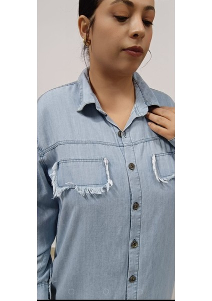 Büyük Beden Ince Tensel Kot Denim Kumaş Gömlek Yaka Boydan Düğmeli Püskül Detaylı Jean Elbise/tunik