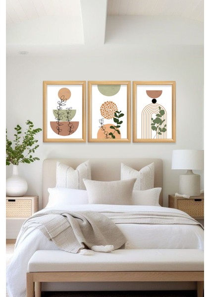 ''minimalist Bitki ve Geometri Desenli Çerçeveli Cam Tablo''