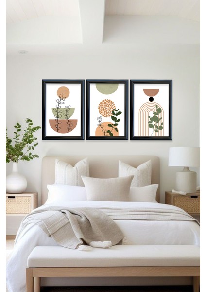 ''minimalist Bitki ve Geometri Desenli Çerçeveli Cam Tablo''