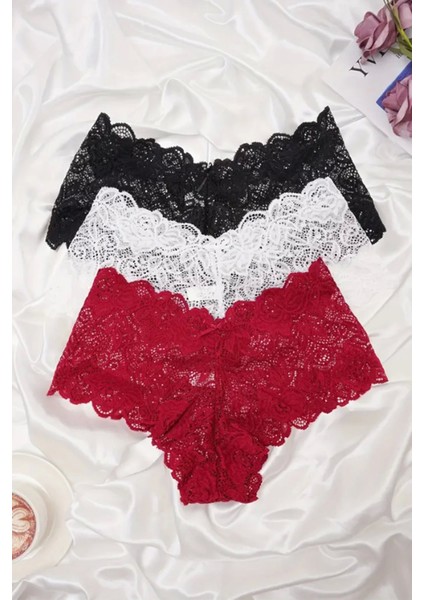 3'lü Paket Siyah Beyaz Kırmızı Dantel Tanga Şort Külot