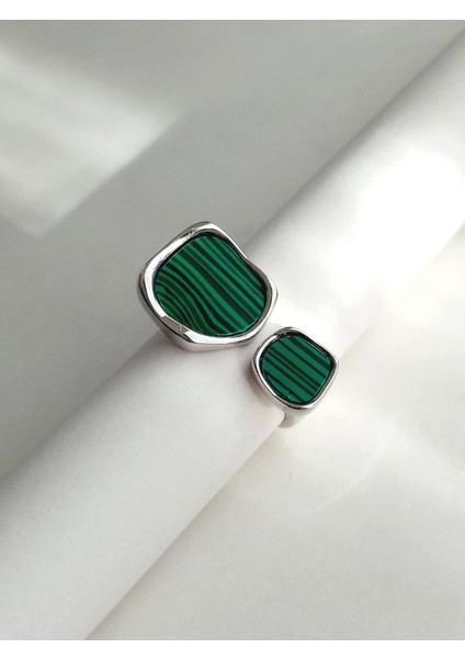 Gümüş Yeşil Malahit Taşlı Kare Tasarım Ayarlanabilir Kadın Yüzük Doğum Günü Hediye