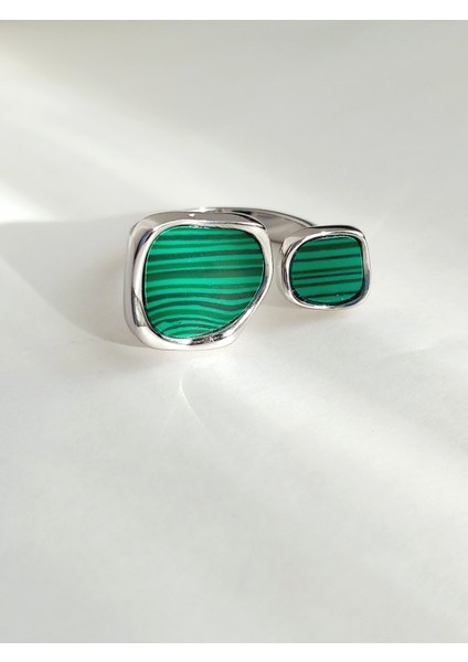 Gümüş Yeşil Malahit Taşlı Kare Tasarım Ayarlanabilir Kadın Yüzük Doğum Günü Hediye modelleri