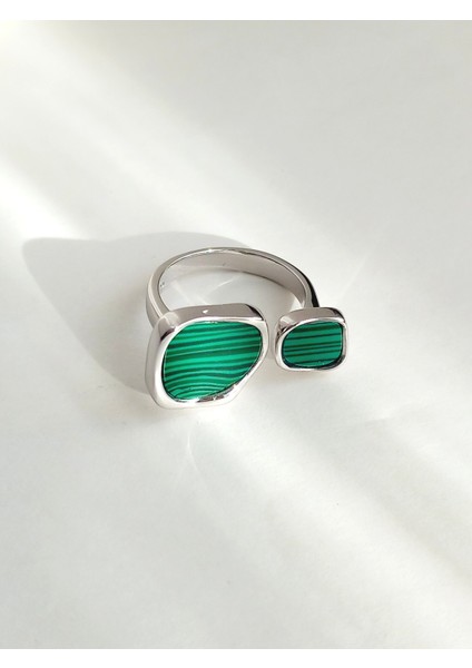 Gümüş Yeşil Malahit Taşlı Kare Tasarım Ayarlanabilir Kadın Yüzük Doğum Günü Hediye fırsatları