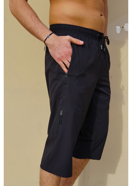 Erkek Siyah Düz Renk Üç Yan Cepli Esnek Kumaş Hızlı Kuruyan Kapri Mayo Deniz Şortu