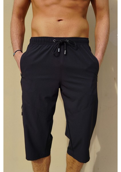 Erkek Siyah Düz Renk Üç Yan Cepli Esnek Kumaş Hızlı Kuruyan Kapri Mayo Deniz Şortu modelleri